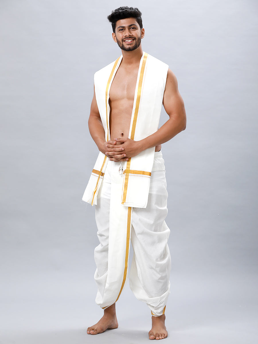Men's Cotton Cream Readymade Panchakacham with Gold Jari Border
