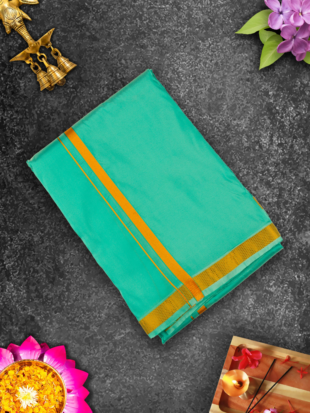 Mens Premium Art Silk Green Shirting & Gold Jari Border Panchakacham Set 9+5 Ashirwath-View one
