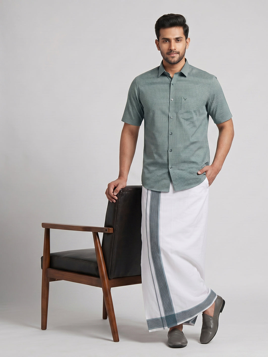 Men Seafoam Green Matching Border Dhoti With Printed Shirt Set Windsor HNJ3
