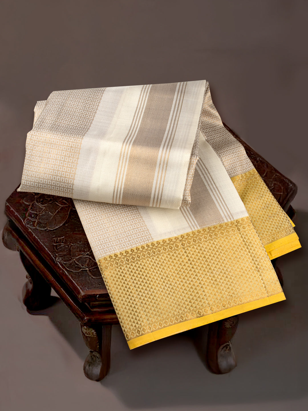 Men Elegant OffWhite Pure Silk Dhoti & Towel Set with 6" inch Gold Jari Border Amirtham AM20