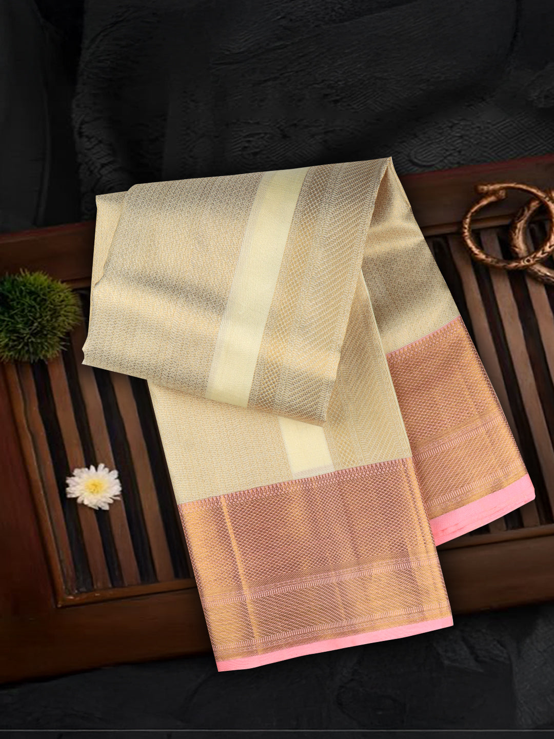 Men Premium Pure Silk Dhoti & Towel Set with 6" inch Gold Jari Border Amirtham AM10
