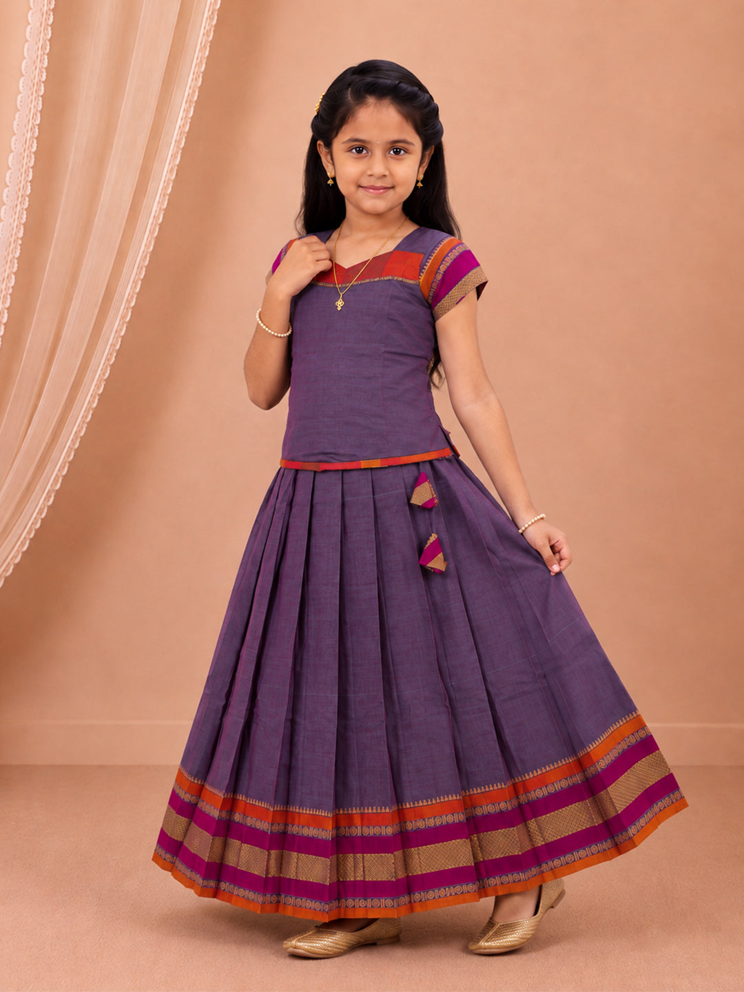 Girls Cotton Blue Pattu Pavadai Set GPS58