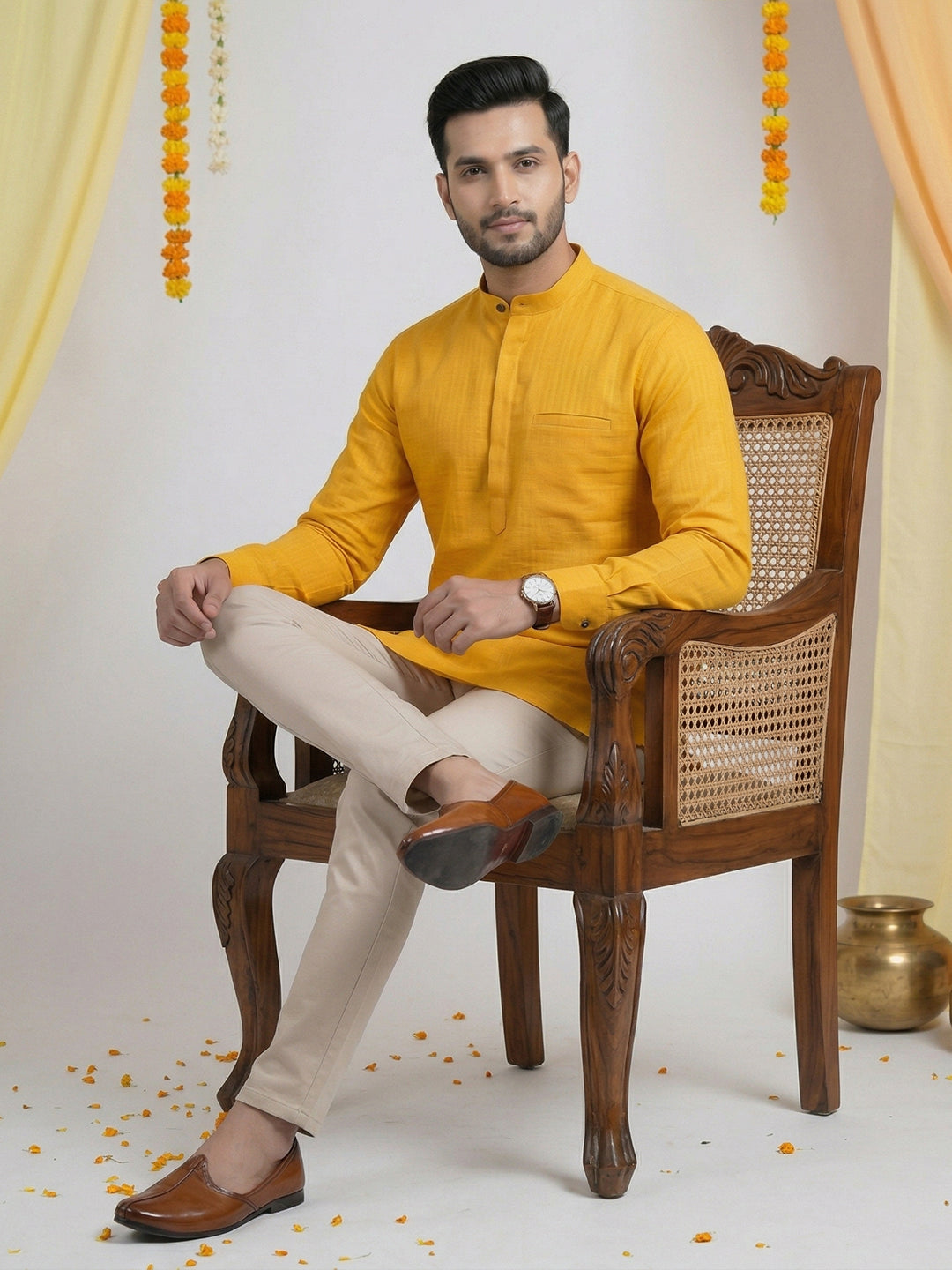 Cotton Short Length Self Design Pocket Kurta Mango Yellow Y28