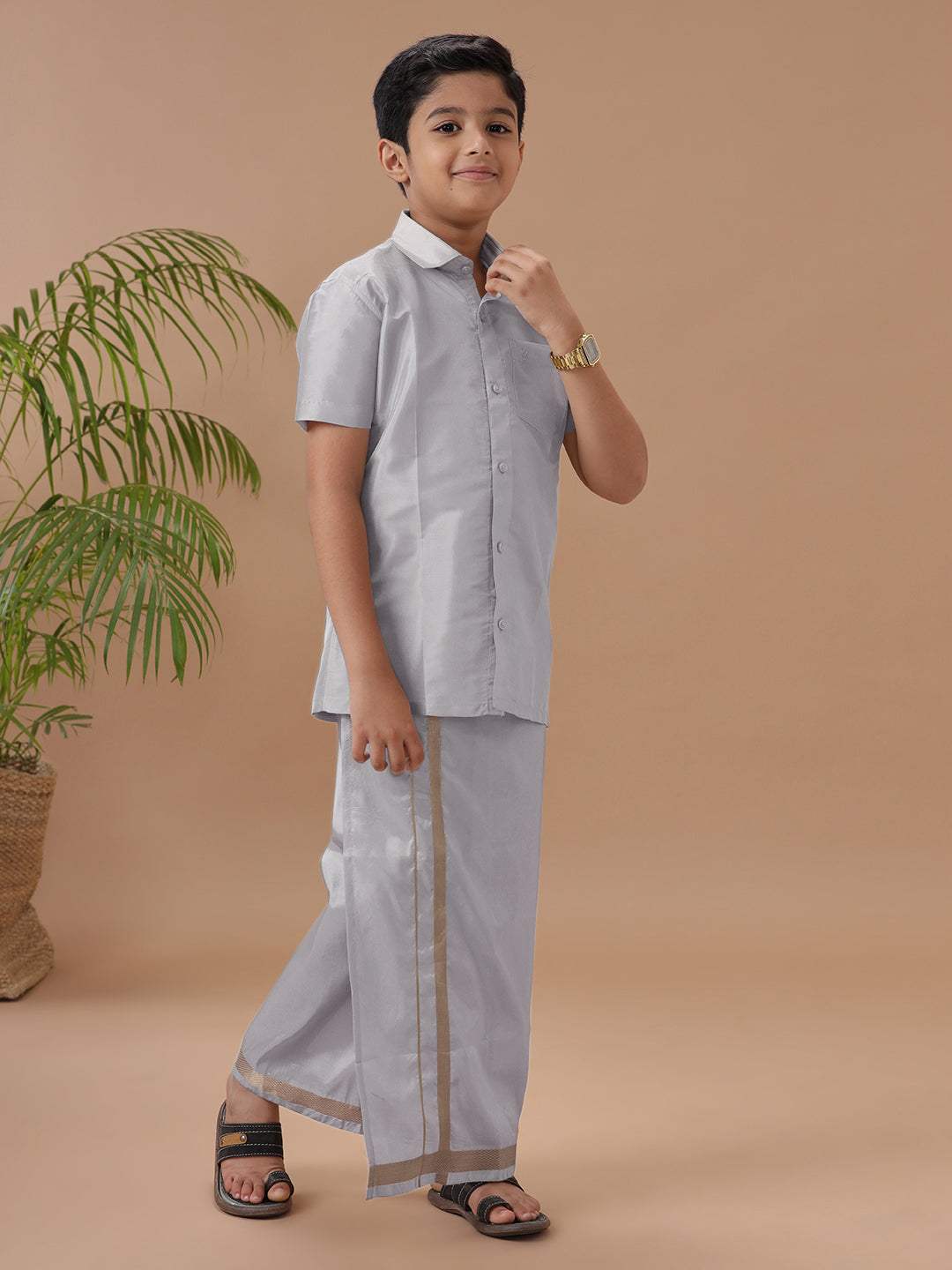 Boys Shirt & Dhoti Set Swayamvara Silver Grey