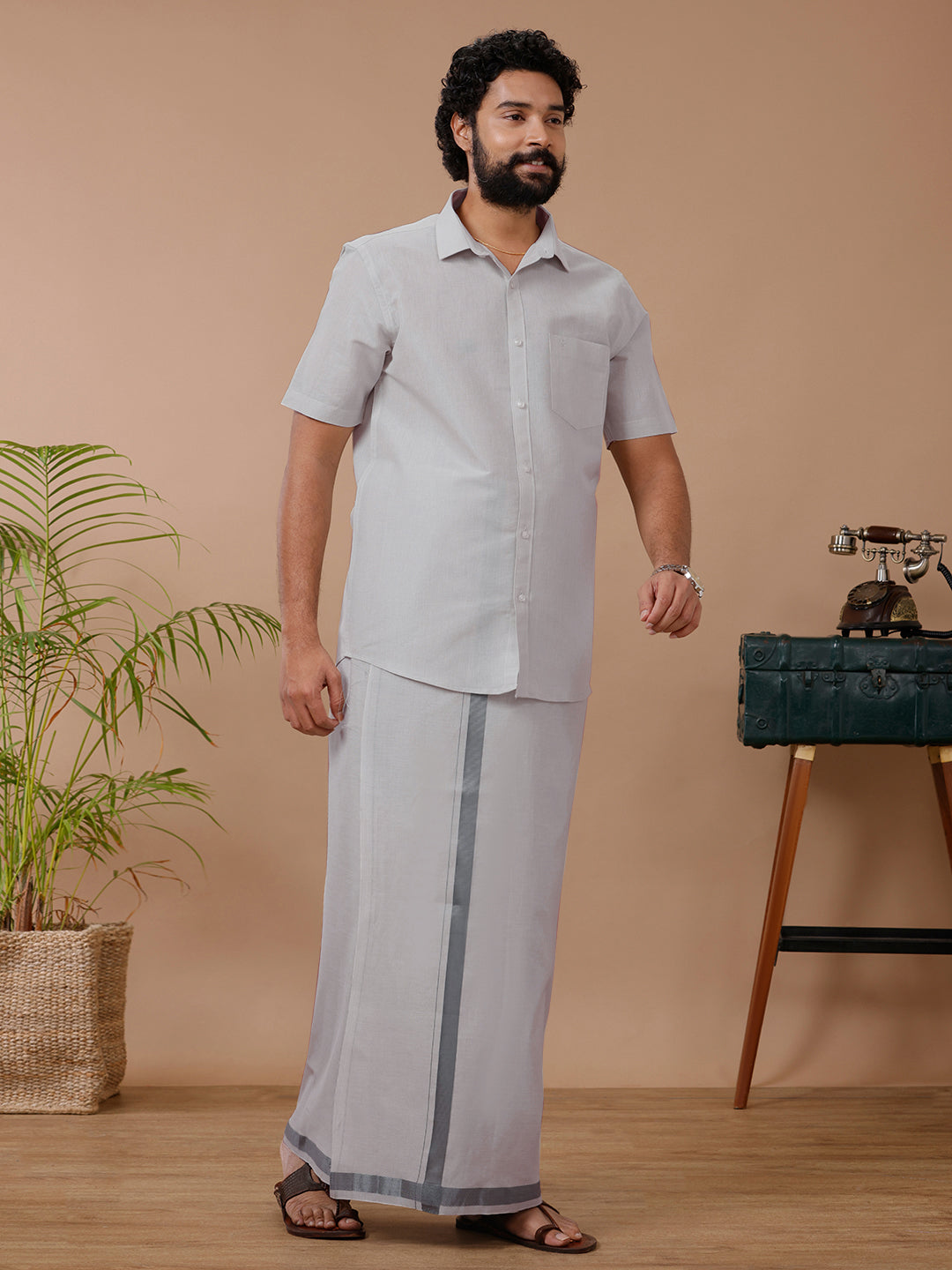 Men Tissue Dhoti & Half Sleeves Shirt Set Licorice