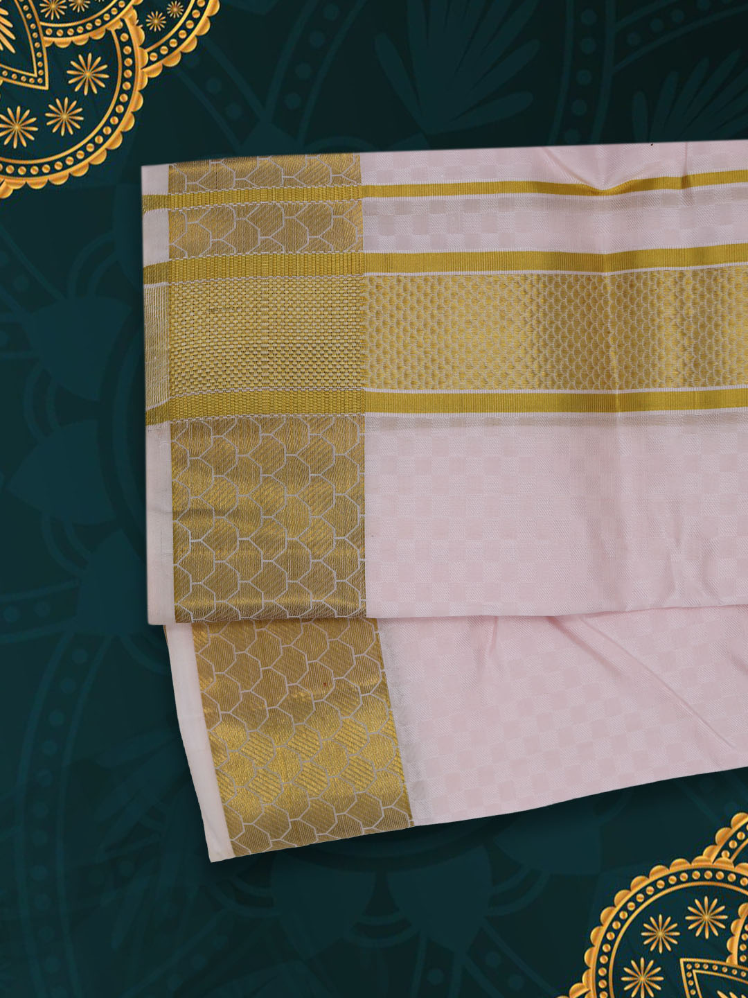 Men Pure Silk Embossed Light Pink Dhoti & Towel Set with 3" inch Gold Fancy Jari Border