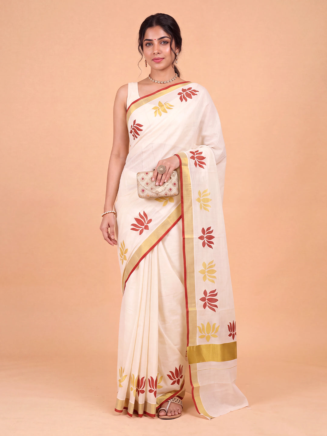 Women Kora Cotton Cream Printed Saree with Gold Jari KLS62