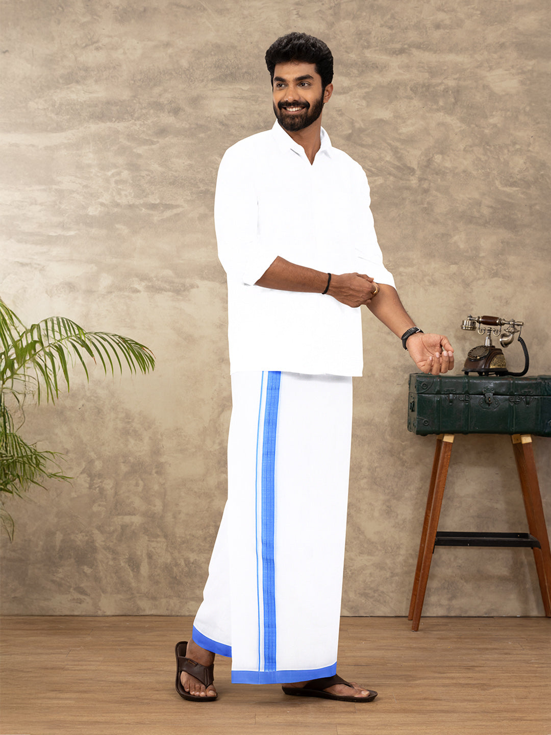 Men Cotton Blend Double Layer White Dhoti with Fancy Border TF08