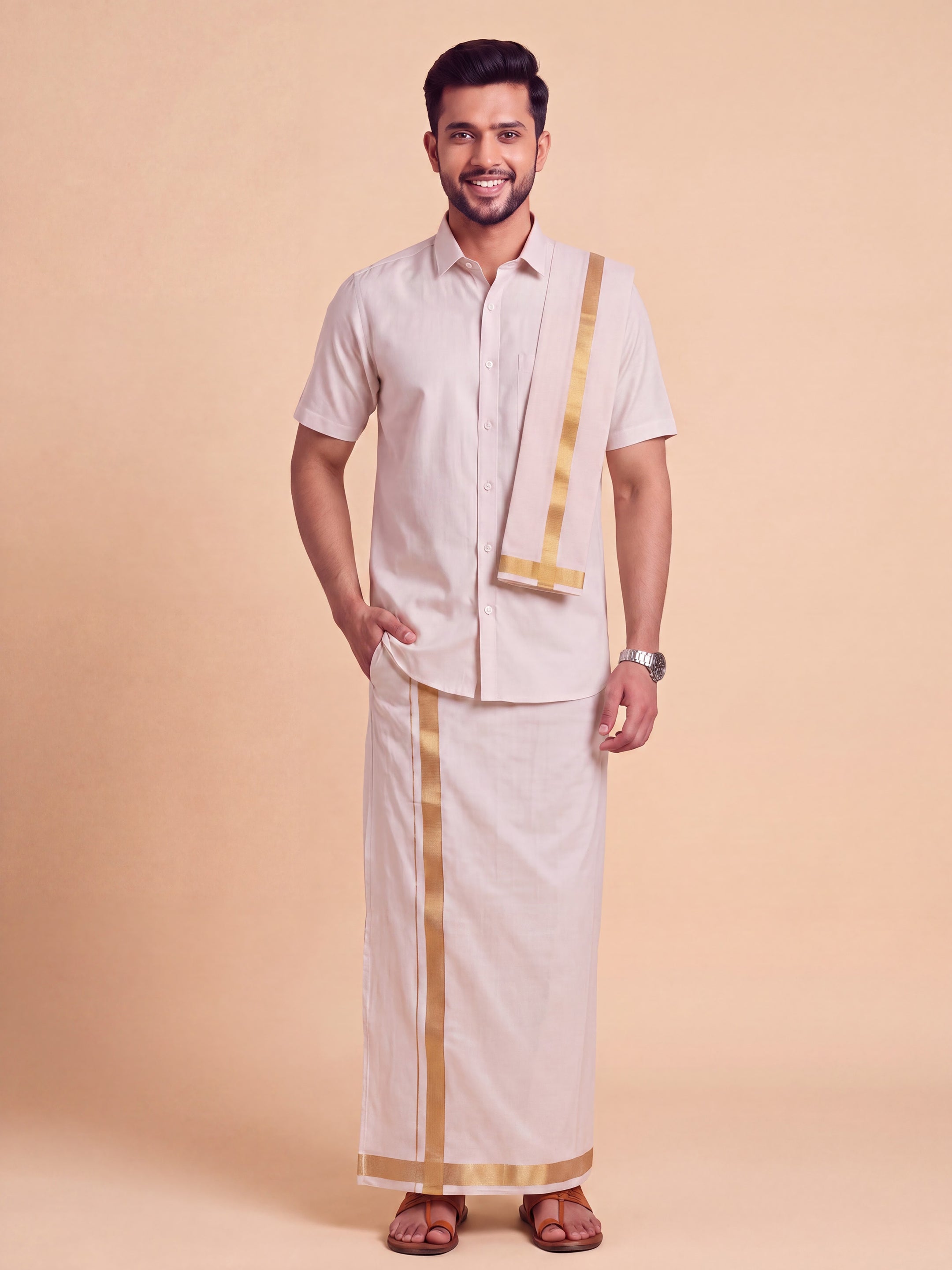 Tissue Antique Gold Shirt Dhoti & Towel (3-in-1)Set
