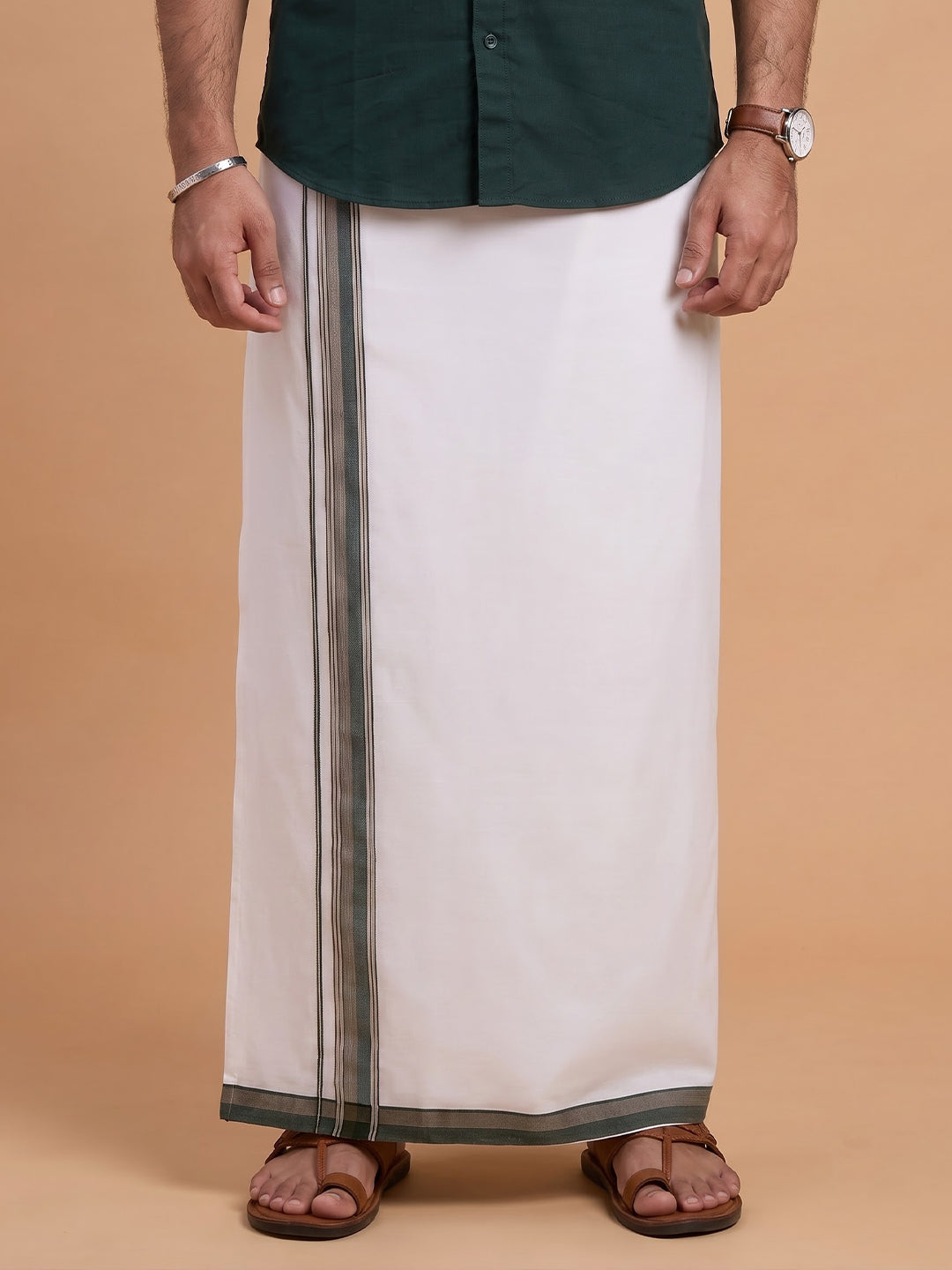 Double Layer 100% Cotton White Dhoti with Colour Jari Border - LC45