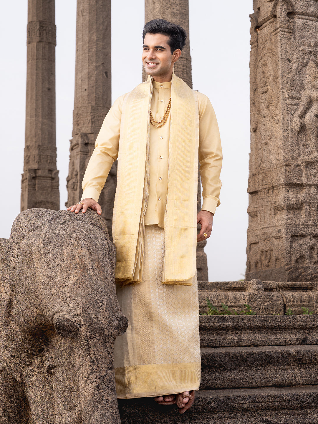 Pure Silk 5" Gold Tissue Jari Weaving Wedding Dhoti & Towel Set – Amirtham