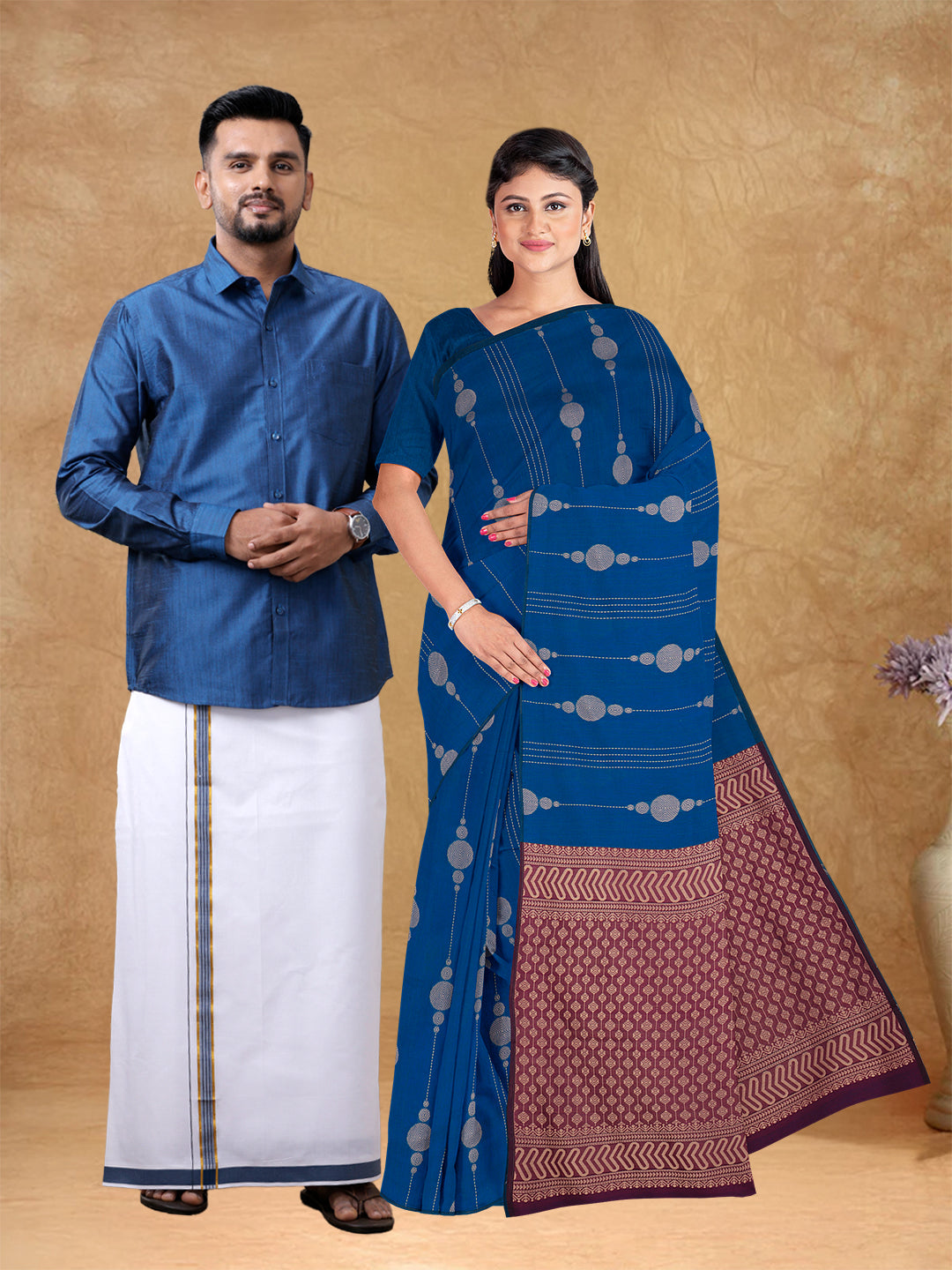Couple Combo Shirt & Dhoti Set with Saree Blue PCS149