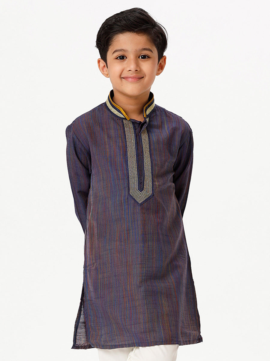 Boys Cotton Embellished Neckline Full Sleeves Navy Blue Kurta-Front view