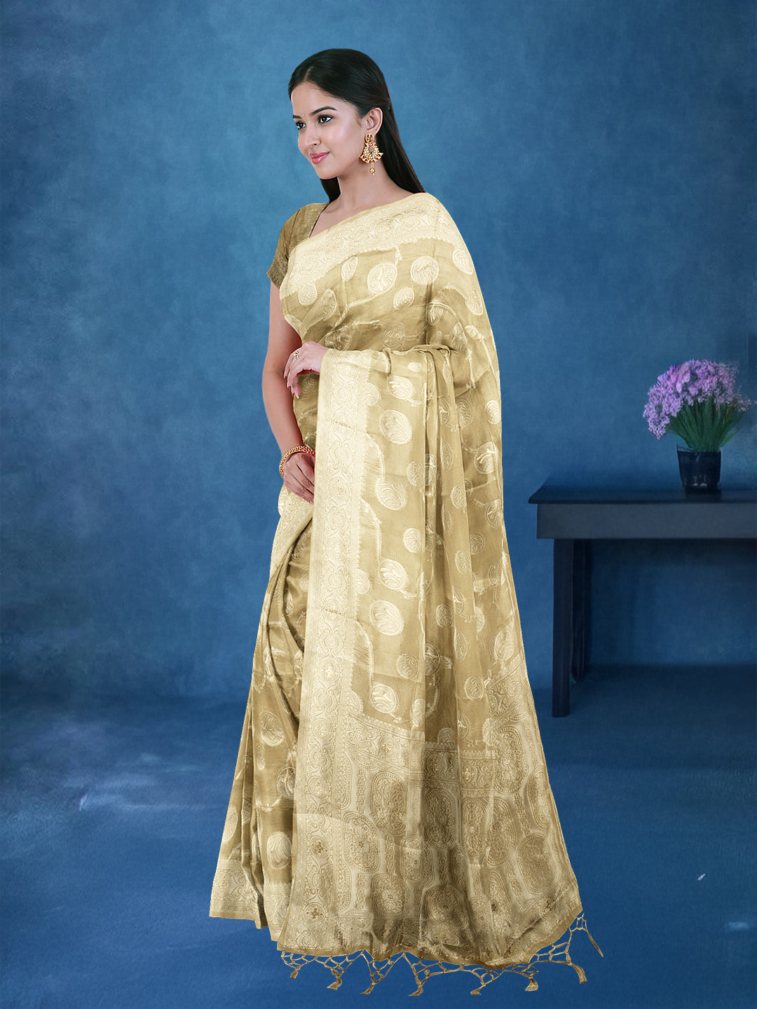 Couple Combo Shirt & Dhoti Set with Saree Gold