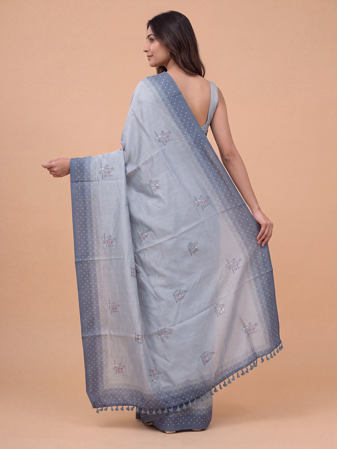 Women Semi Linen Blue Embroidered Saree SL268