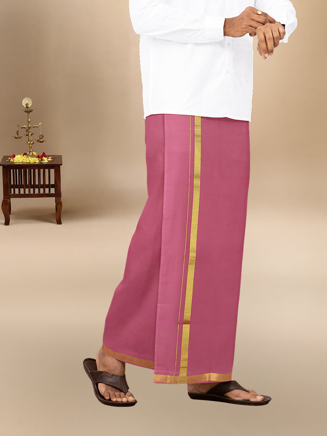 Men Cotton Blend Single Layer Pink Dhoti with Gold Jari Border Cosmic
