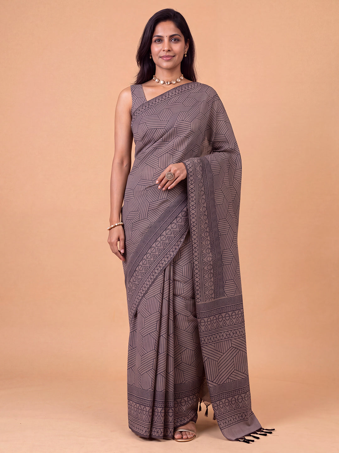 Women Pure Cotton Dark Purple with Black Printed Saree PCS284