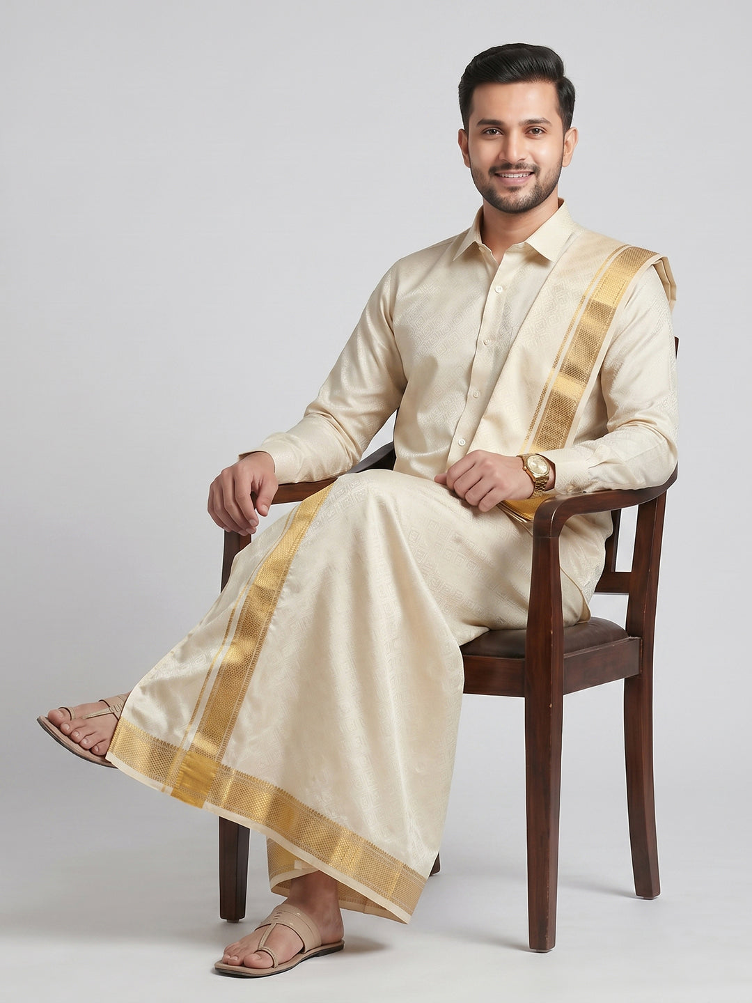 Men Art Silk Cream Self Design Shirt & Dhoti Towel Set Parinayam Grand CRJD4