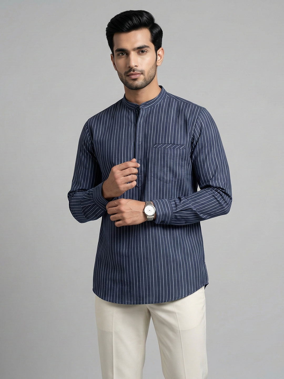 Men Cotton Short Length Striped Pocket Kurta Grey Blue RK81