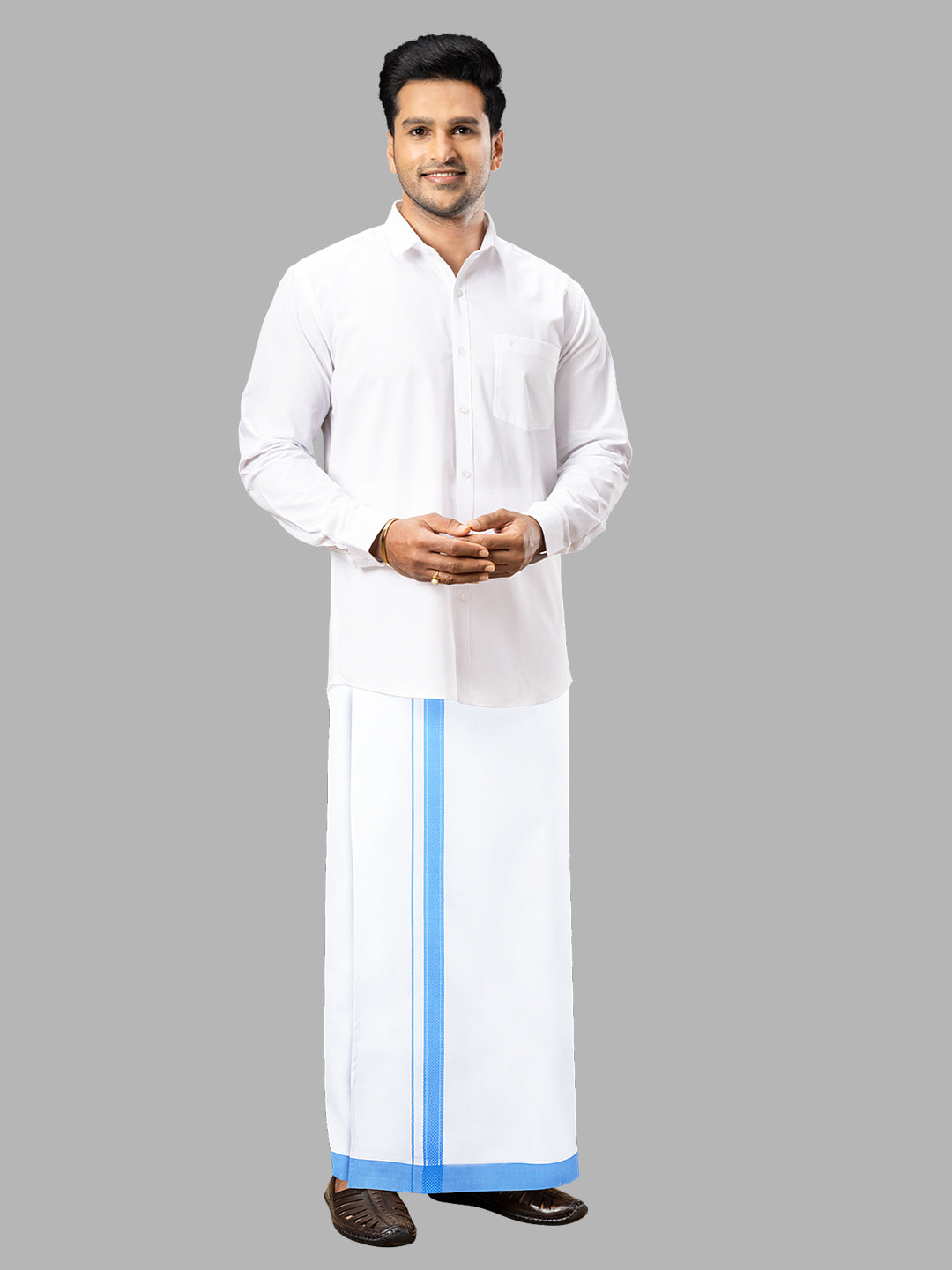 Men Cotton Blend Readymade Single Layer White Dhoti with Fancy Border GACF10