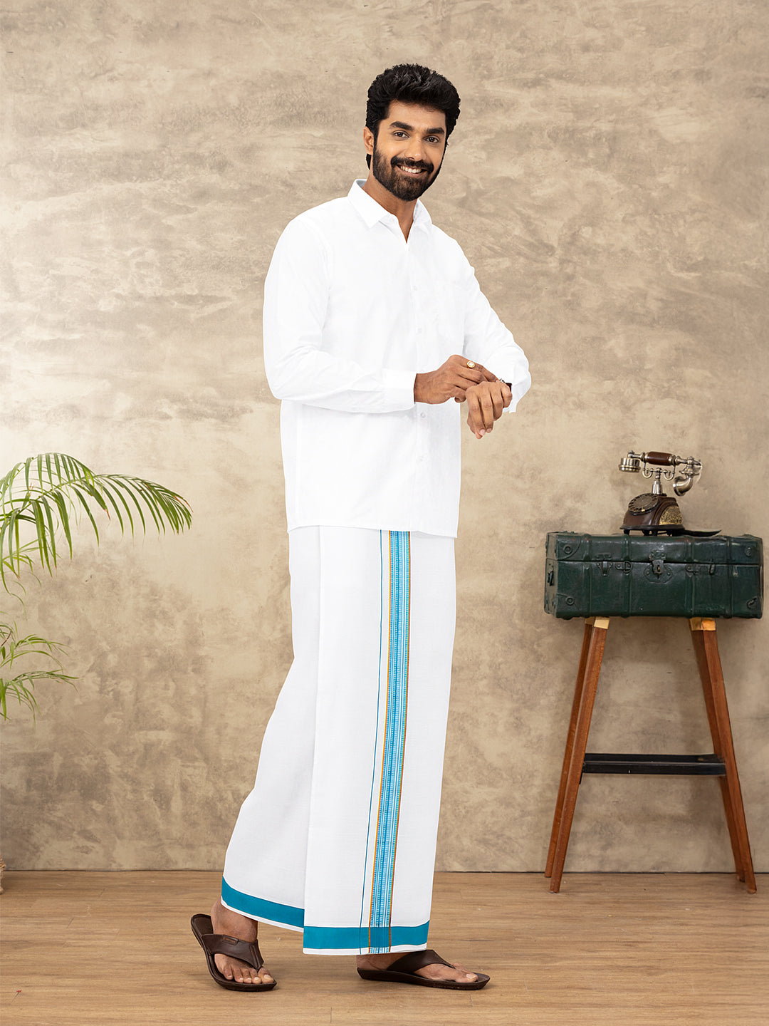 Men Cotton Blend Single Layer White Dhoti with Fancy Jari Border WGF12