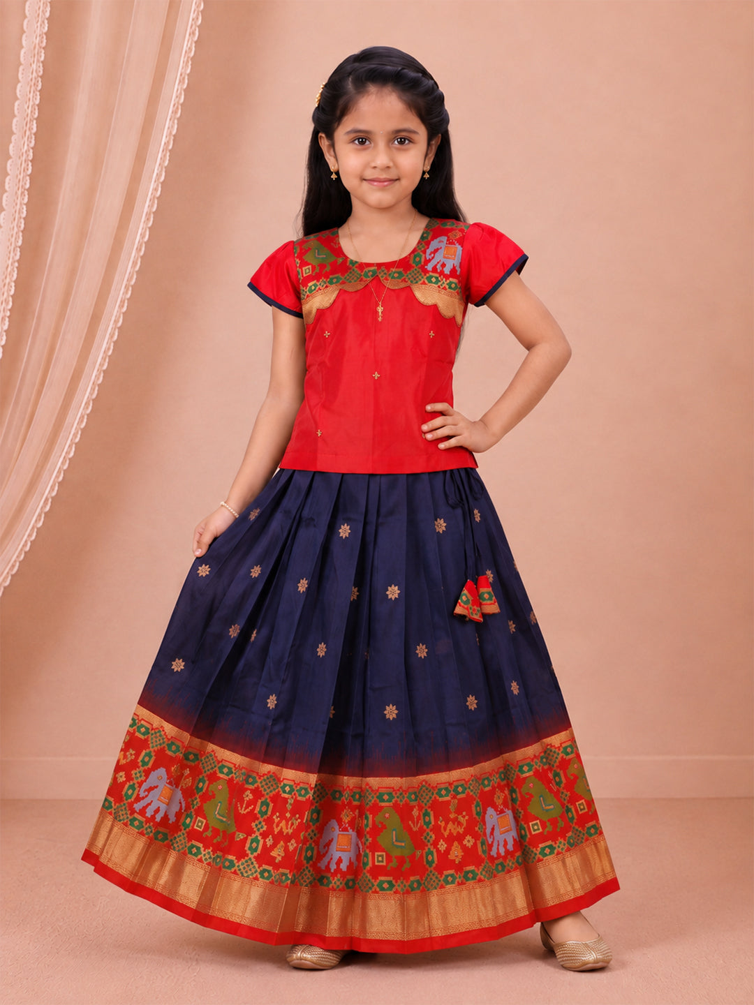 Girls Art Silk Red with Navy Pattu Pavadai Set GPS64