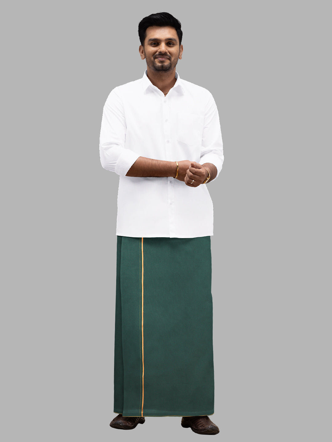 Men 100% Cotton Single Layer Bottle Green Dhoti with Assorted Border Poojan SB