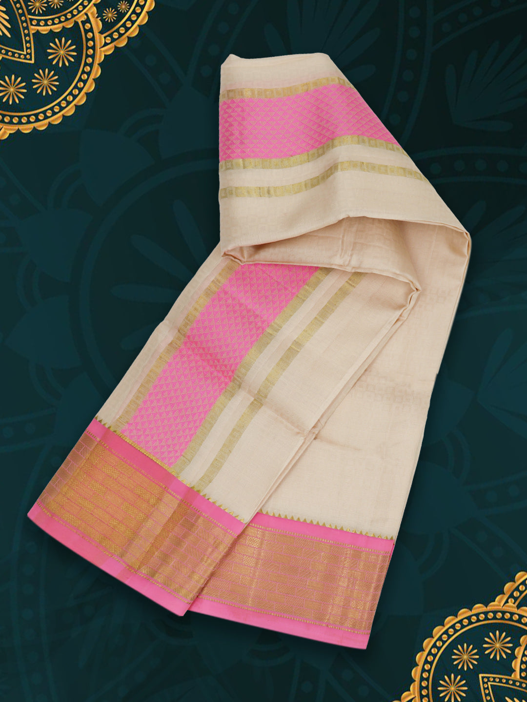 Men Pure Silk Sandal Dhoti with 3" inch Pink & Gold Fancy Jari Border