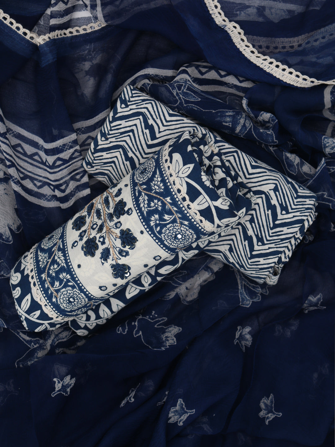 Women Pure Cotton Printed Dress Material Dark Blue DM316