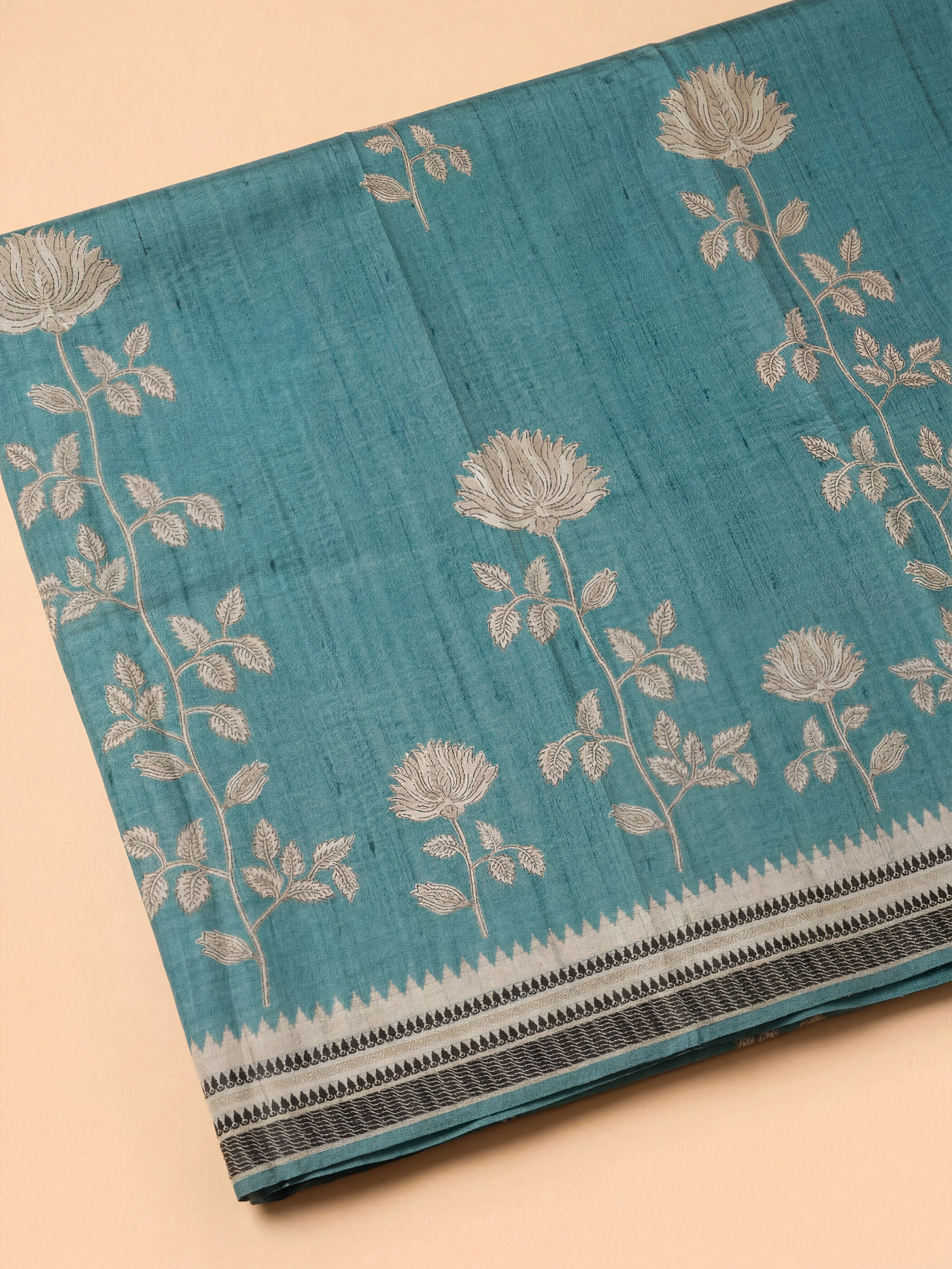 Women Semi Tussar Printed Teal Green Saree ST340