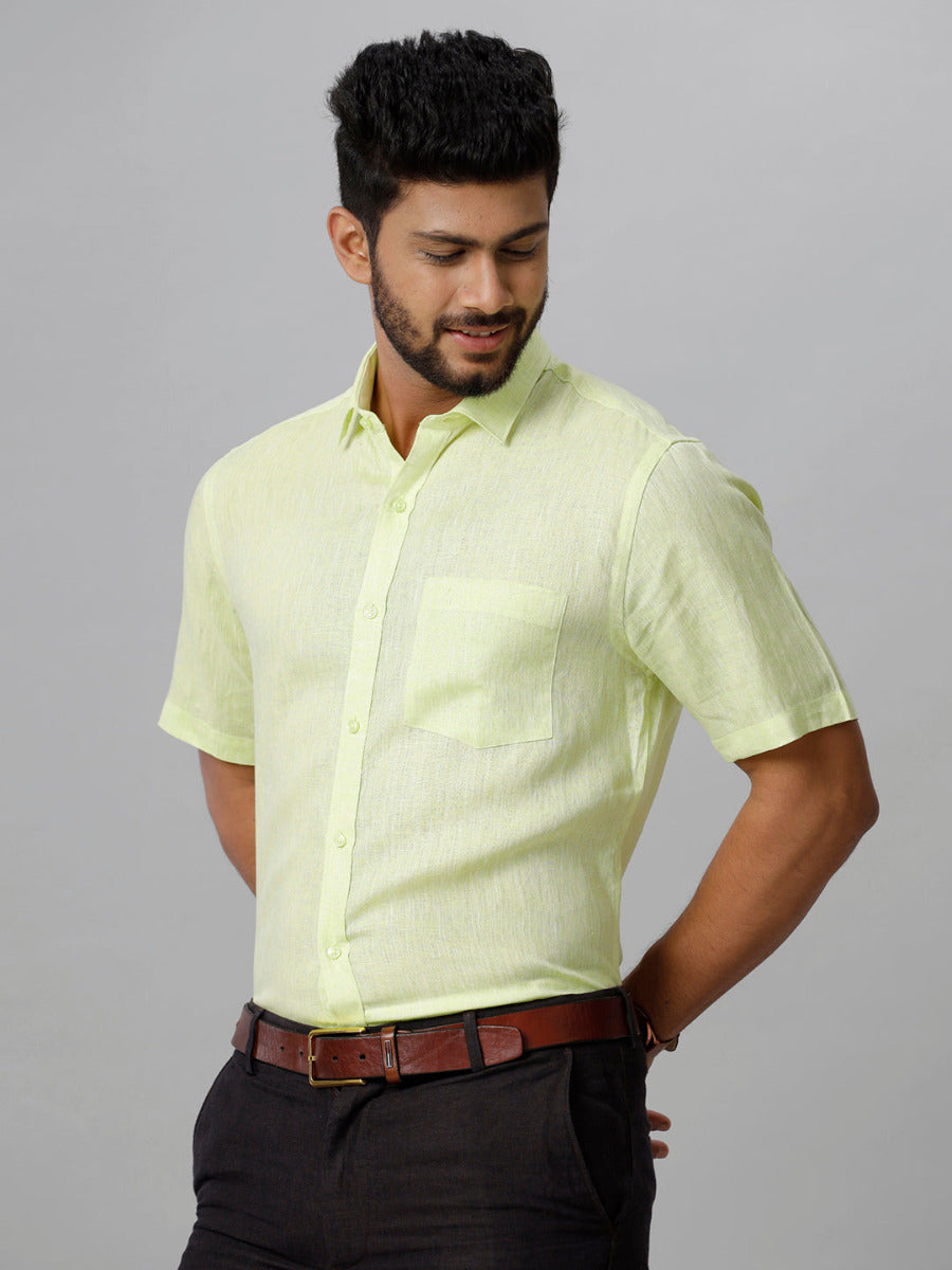Mens Pure Linen Light Green Smart Fit Half Sleeves Shirt-Side view