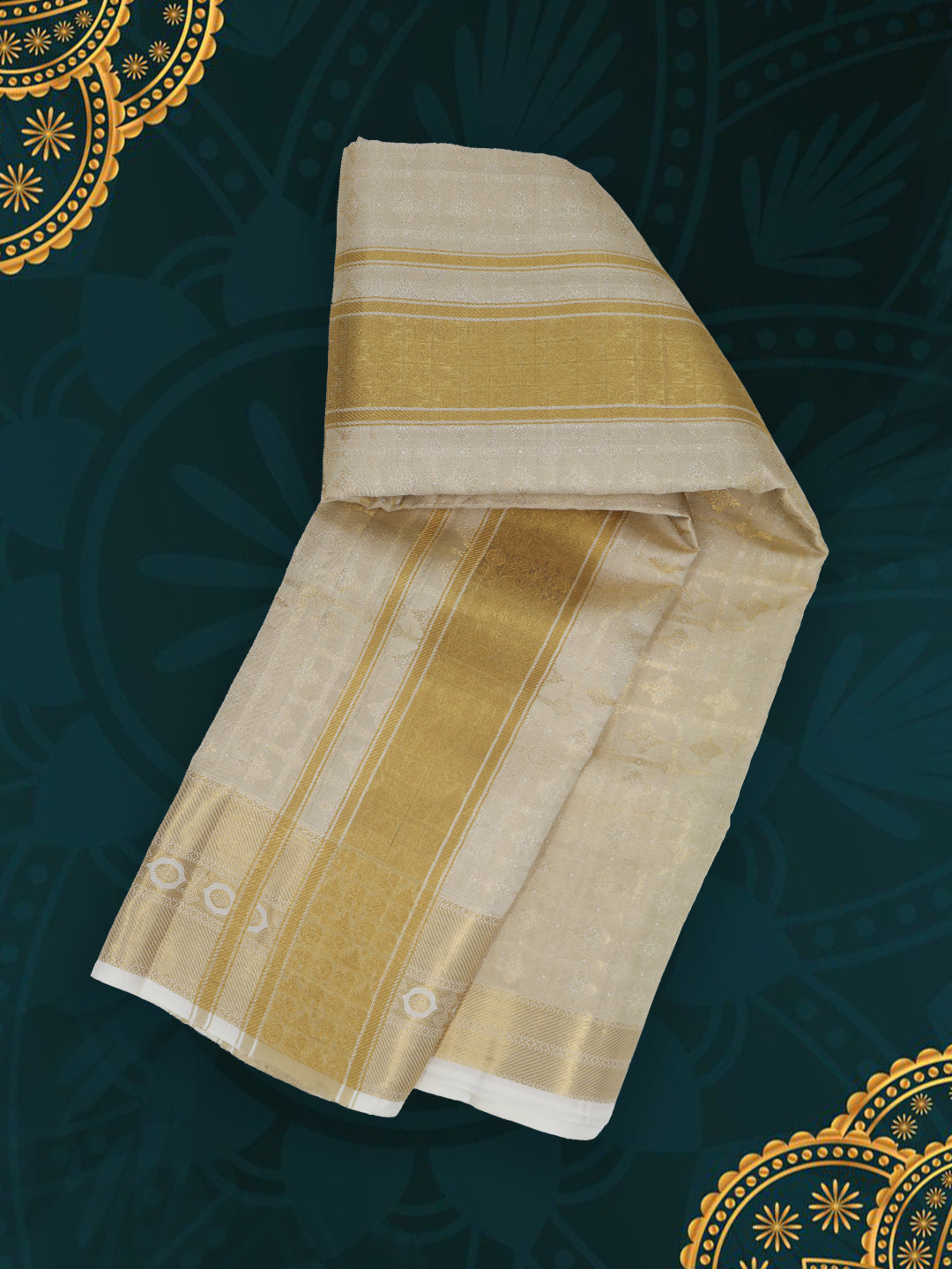 Men Pure Silk Tissue Embossed Golden Dhoti and Towel Set with 5" inch Jari Border Thirukalyan