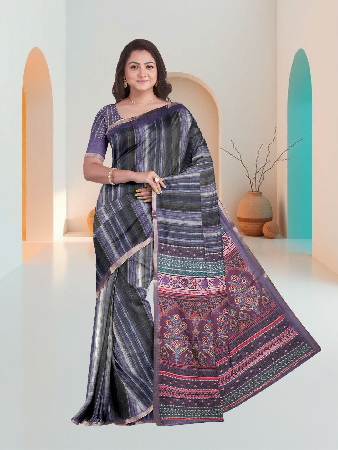 Women Violet Semi Linen Saree SL219