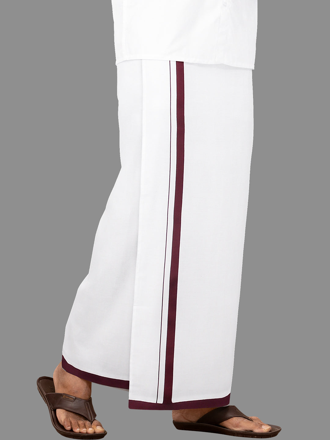 Men 100% Cotton Single Layer White Dhoti with Assorted Border Gold Star Sattin Fine