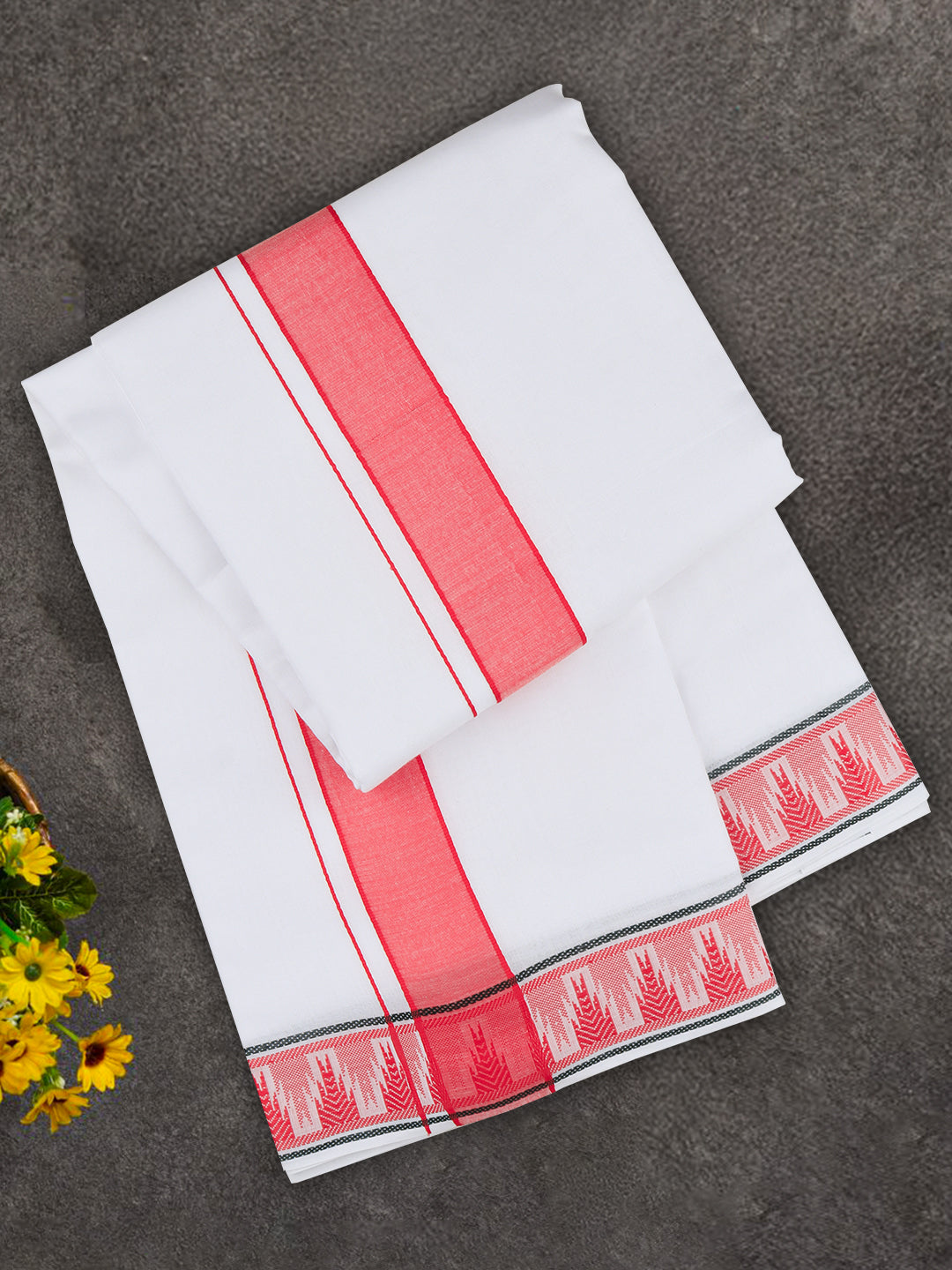 Men Cotton Red Fancy Border Panchakacham with Angavasthram Srirasthu(9+5) SR59