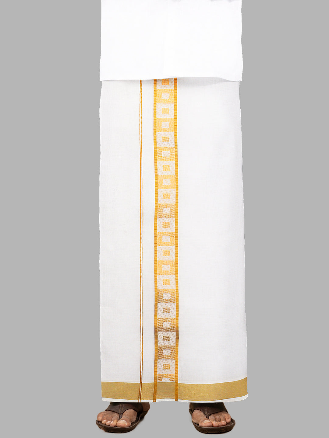 Men Cotton Blend Single Layer White Dhoti with Gold Fancy Border