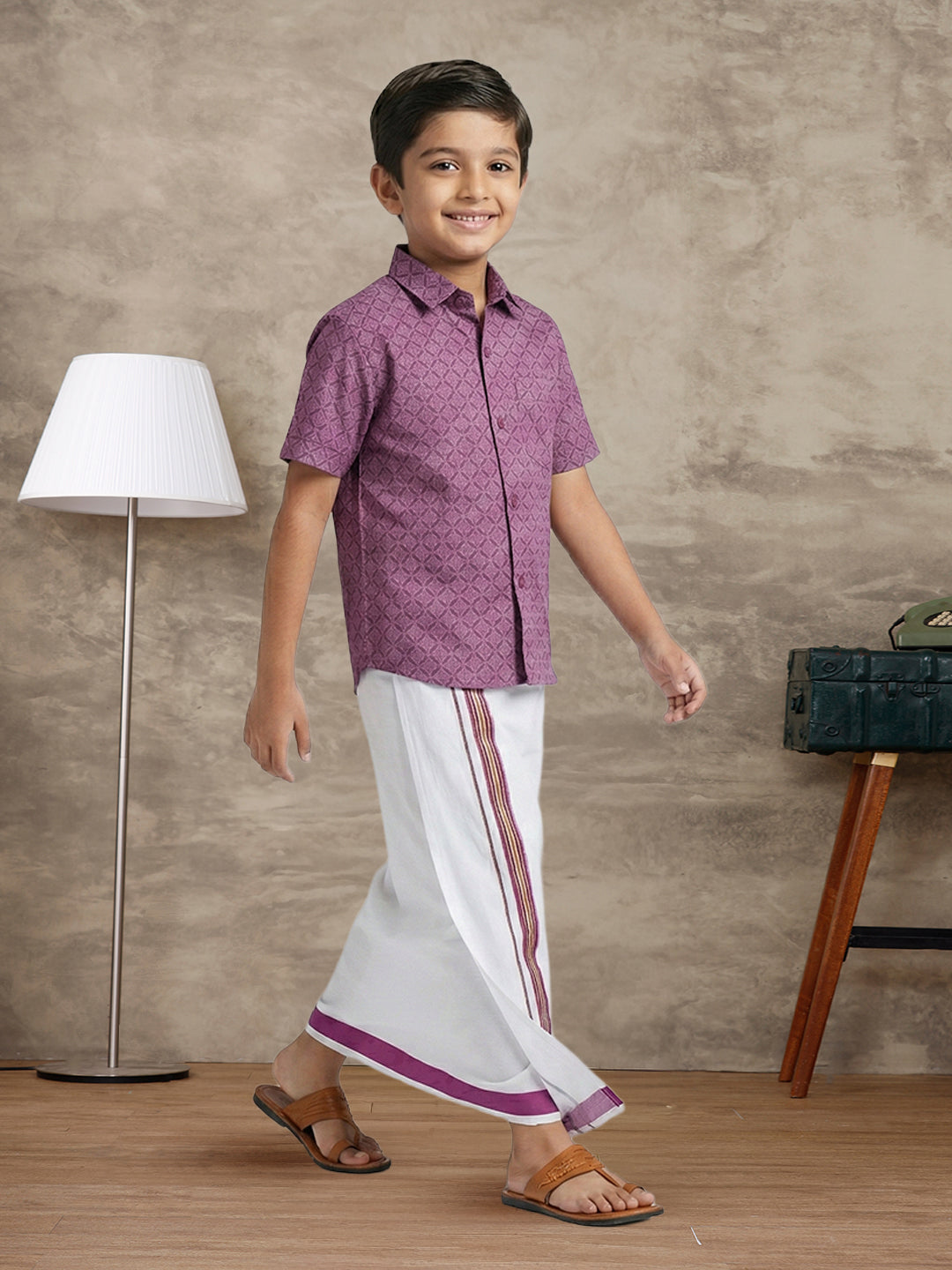 Boys Dark Magenta Matching Border Dhoti With Printed Shirt Set Fusion PS28