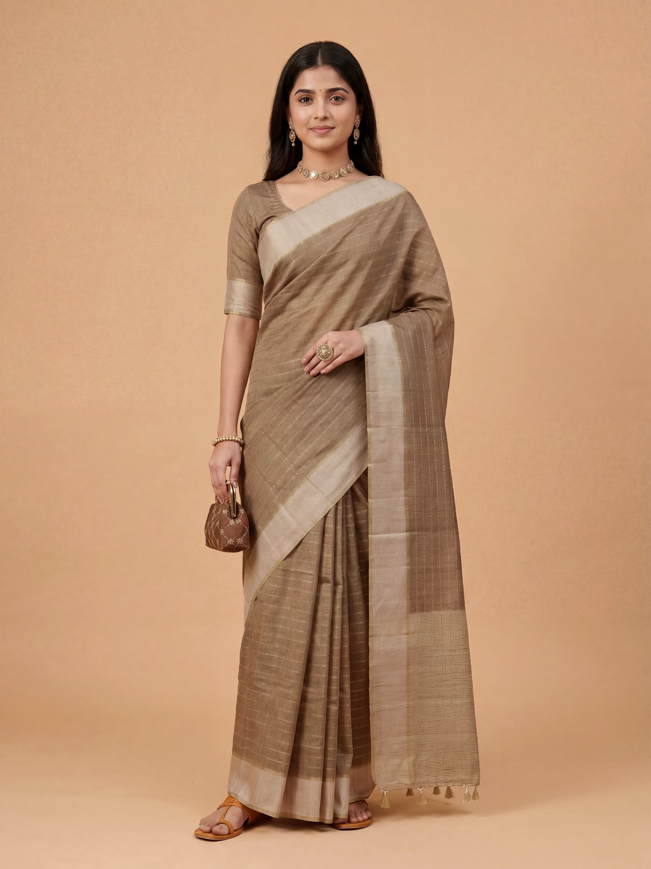 Women Semi Tussar Brown Saree ST329