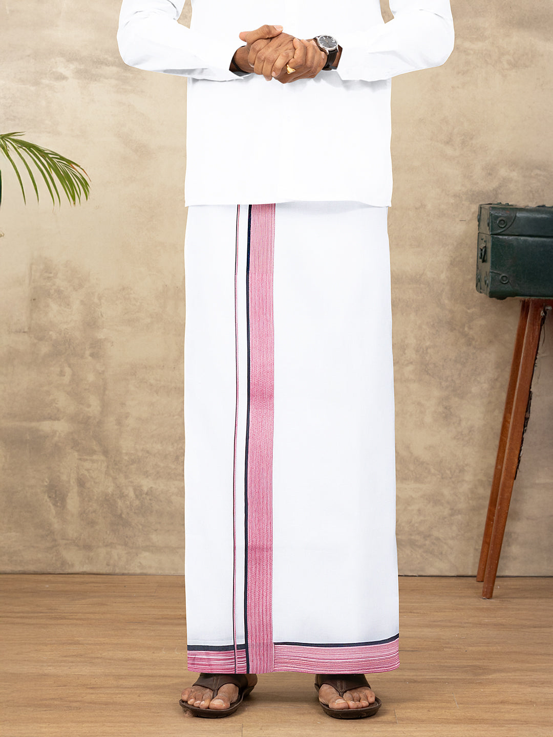 Men 100% Cotton Double Layer White Dhoti with Fancy Border PMF12