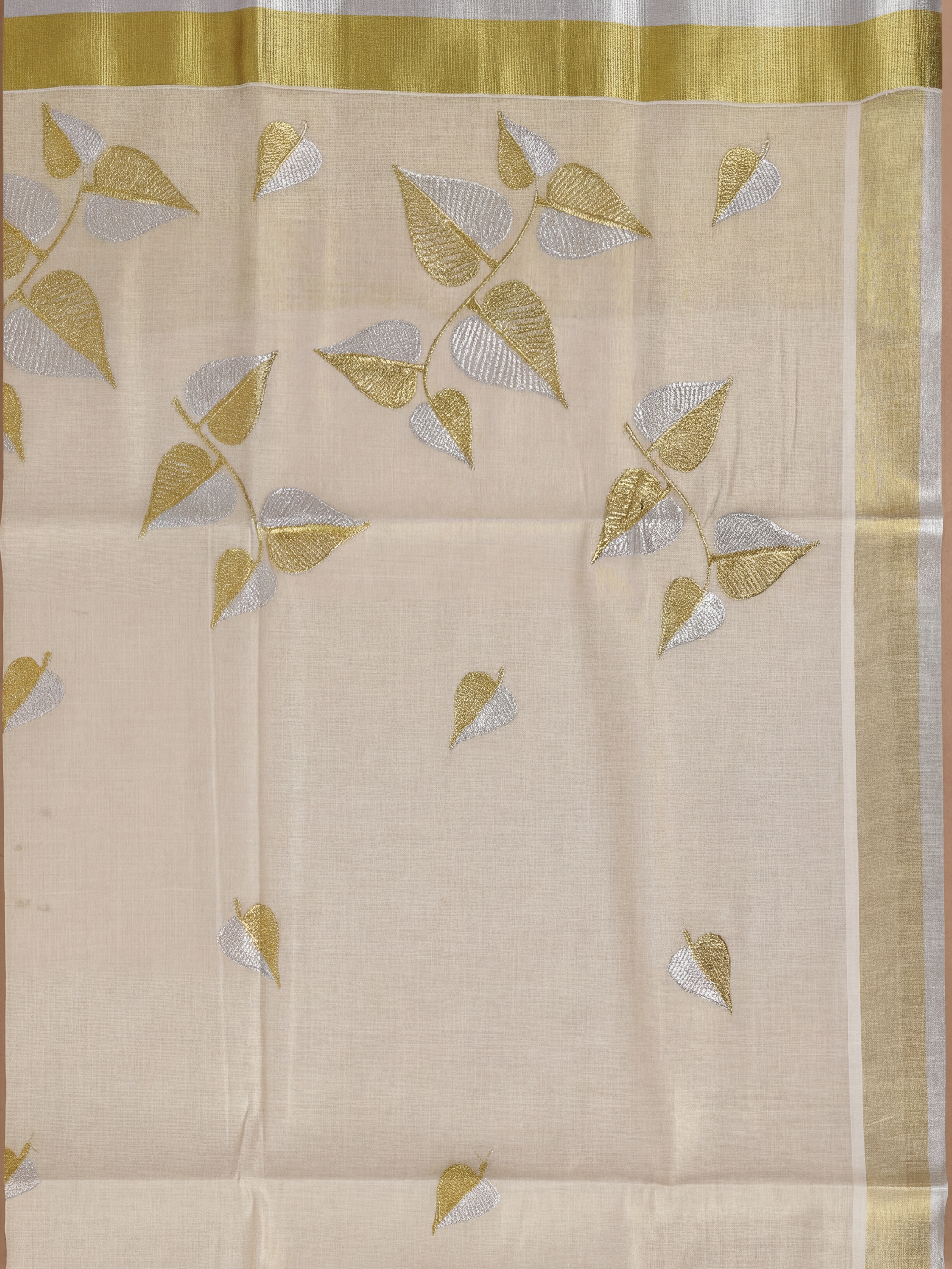 Women Tissue Cream Embroidered Kerala Saree KLS16