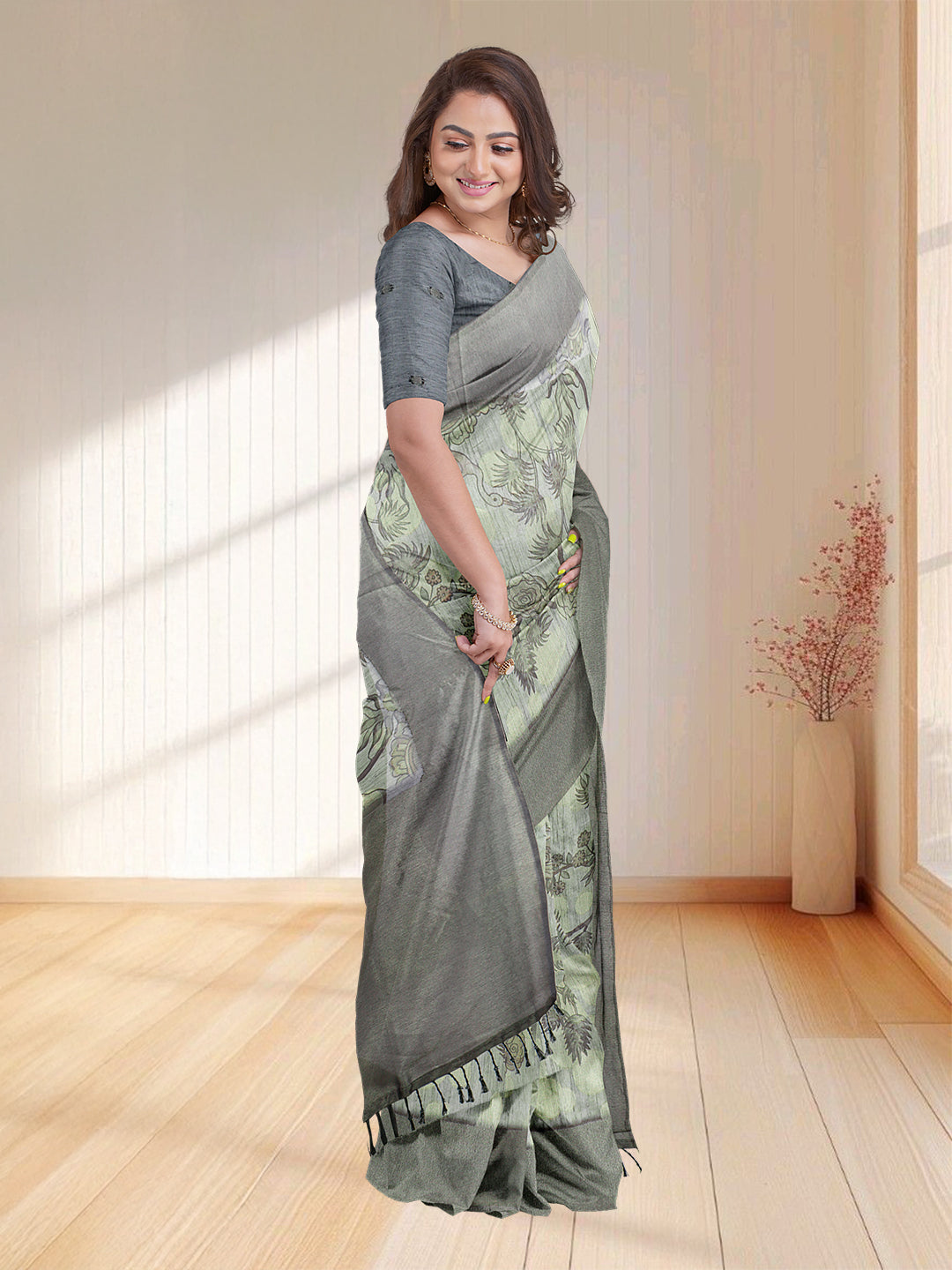 Women Green Semi Tussar Printed Saree ST260