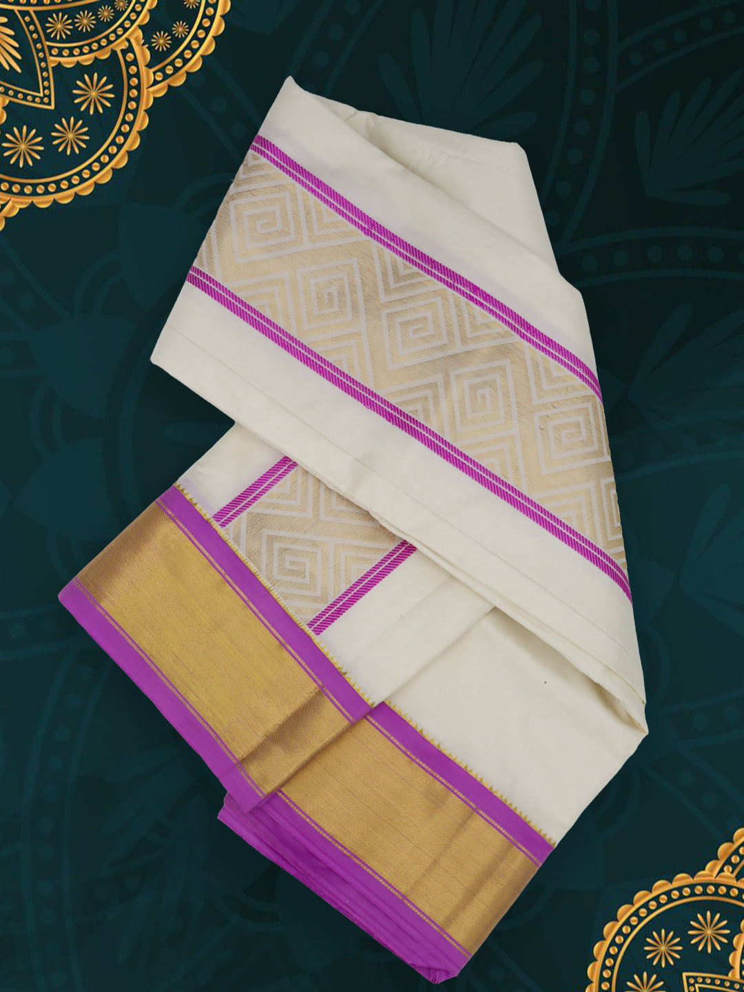 Men Pure Silk Cream Dhoti & Towel Set with 3" inch Fancy Jari Border TK24