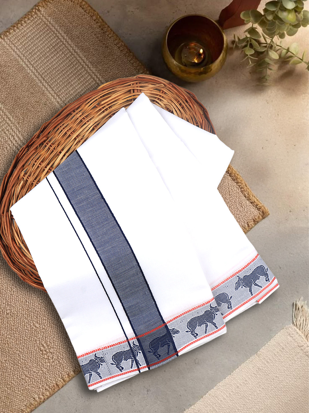 Men Cotton Navy Fancy Border Panchakacham with Angavasthram Srirasthu(9+5) SR41