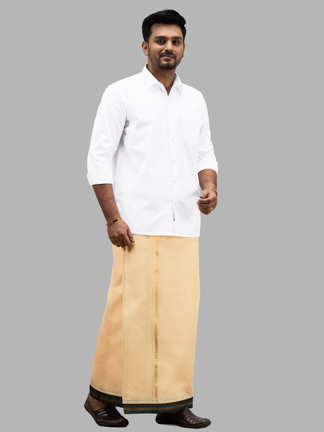 Men 100% Cotton Double Layer Sandal Dhoti with Mayilkhan Border