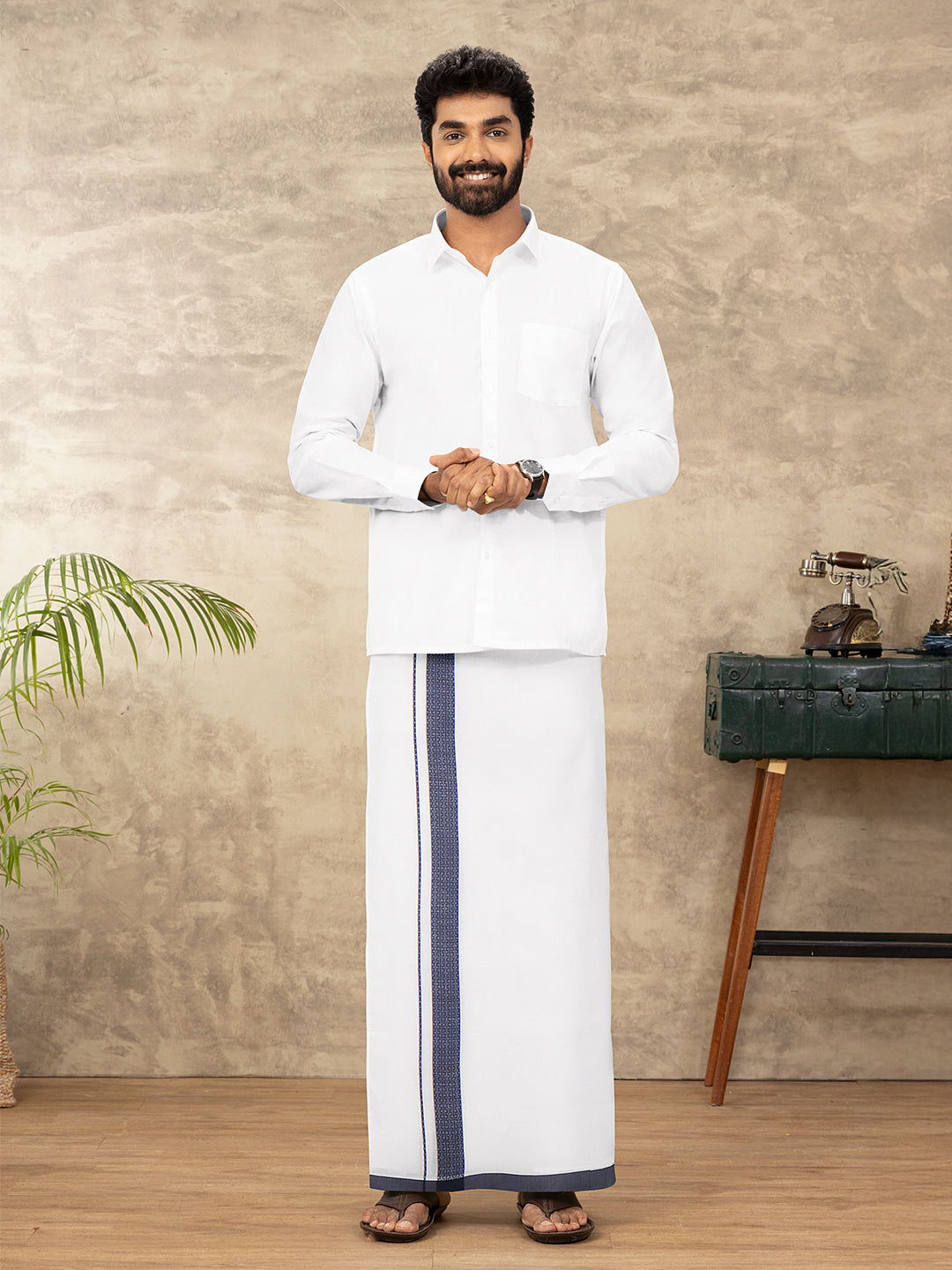Men Cotton Blend Double Layer White Dhoti with Fancy Border TF03