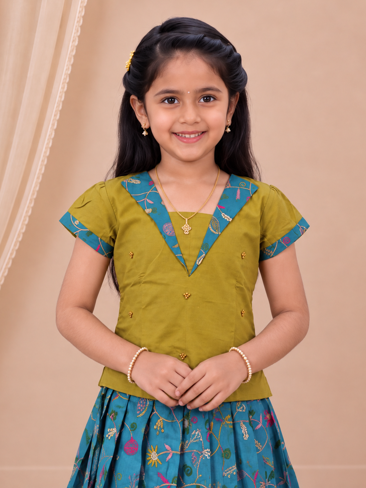 Girls Tissue Mustard With Blue Pattu Pavadai Set GPS69