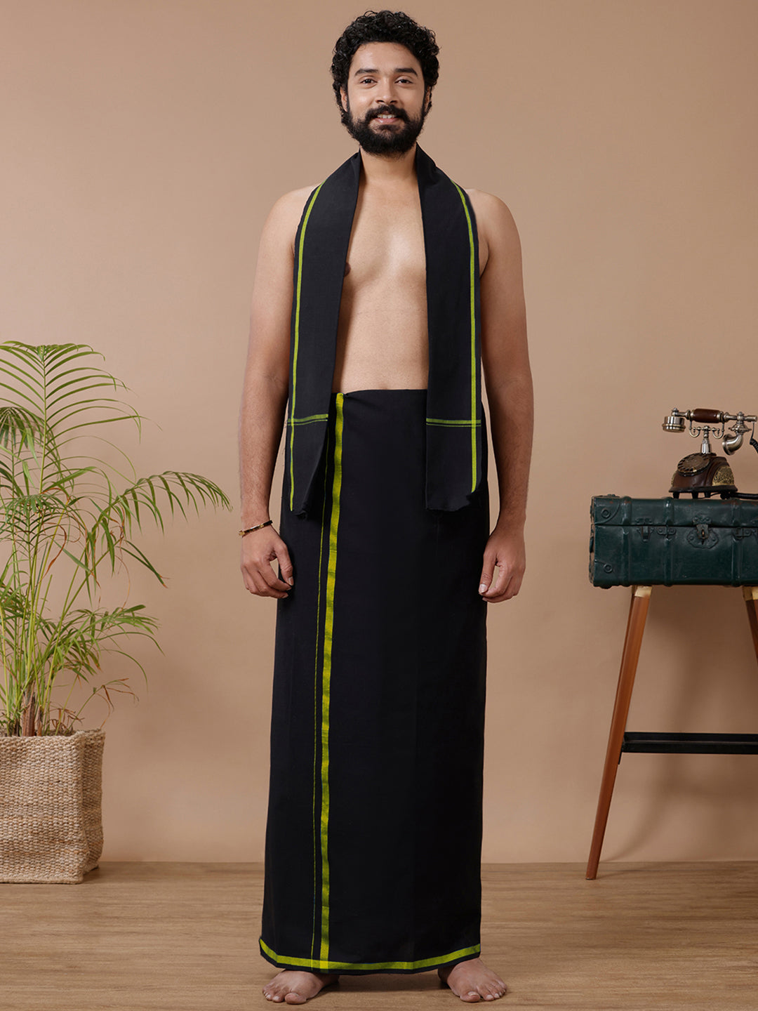 Men Cotton Blend Single Layer Black Dhoti & Towel Set with Green Big Border Makara Jyoti
