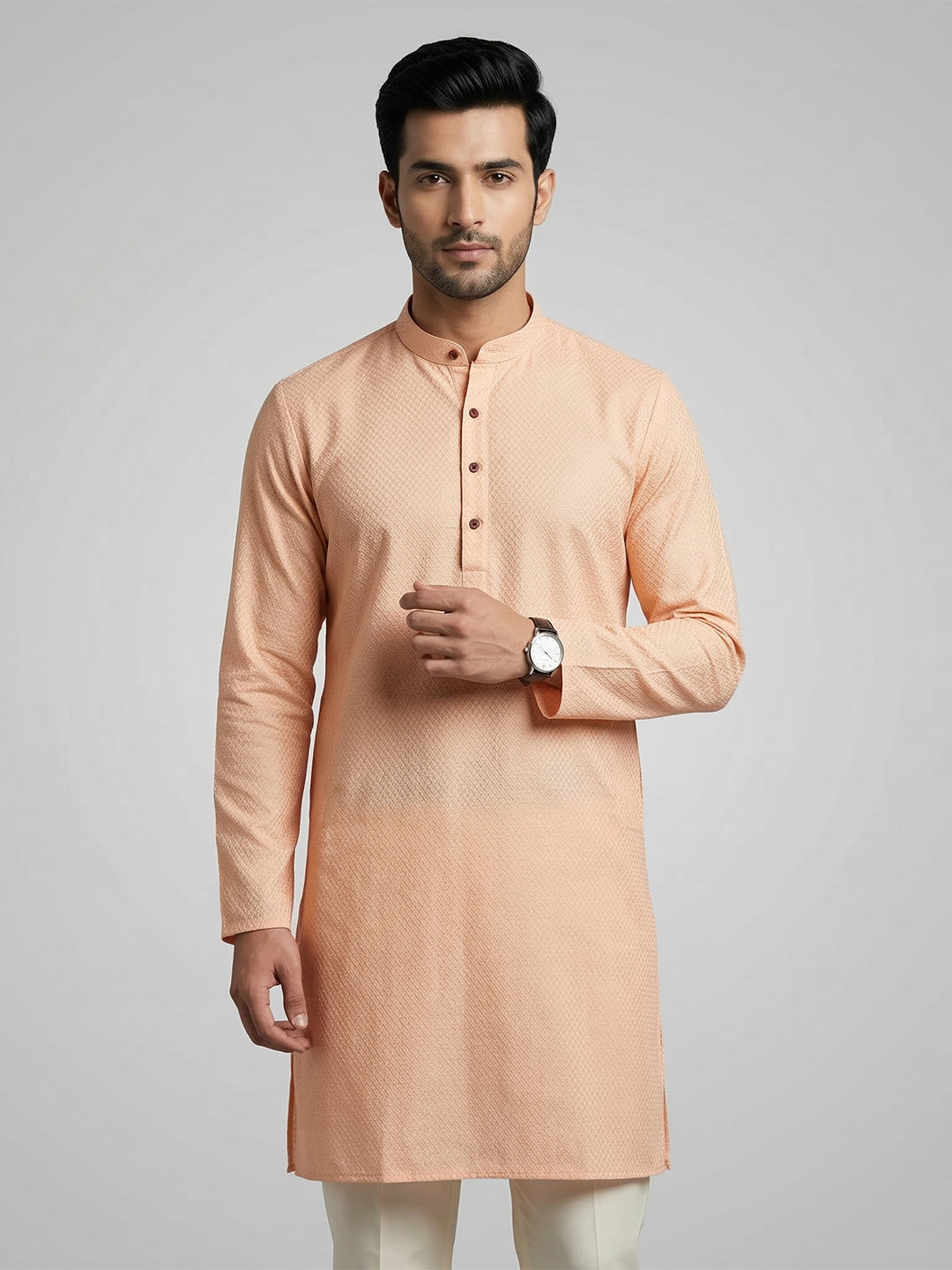 Cotton Medium Length Printed Pocket Kurta Peach MHJ5