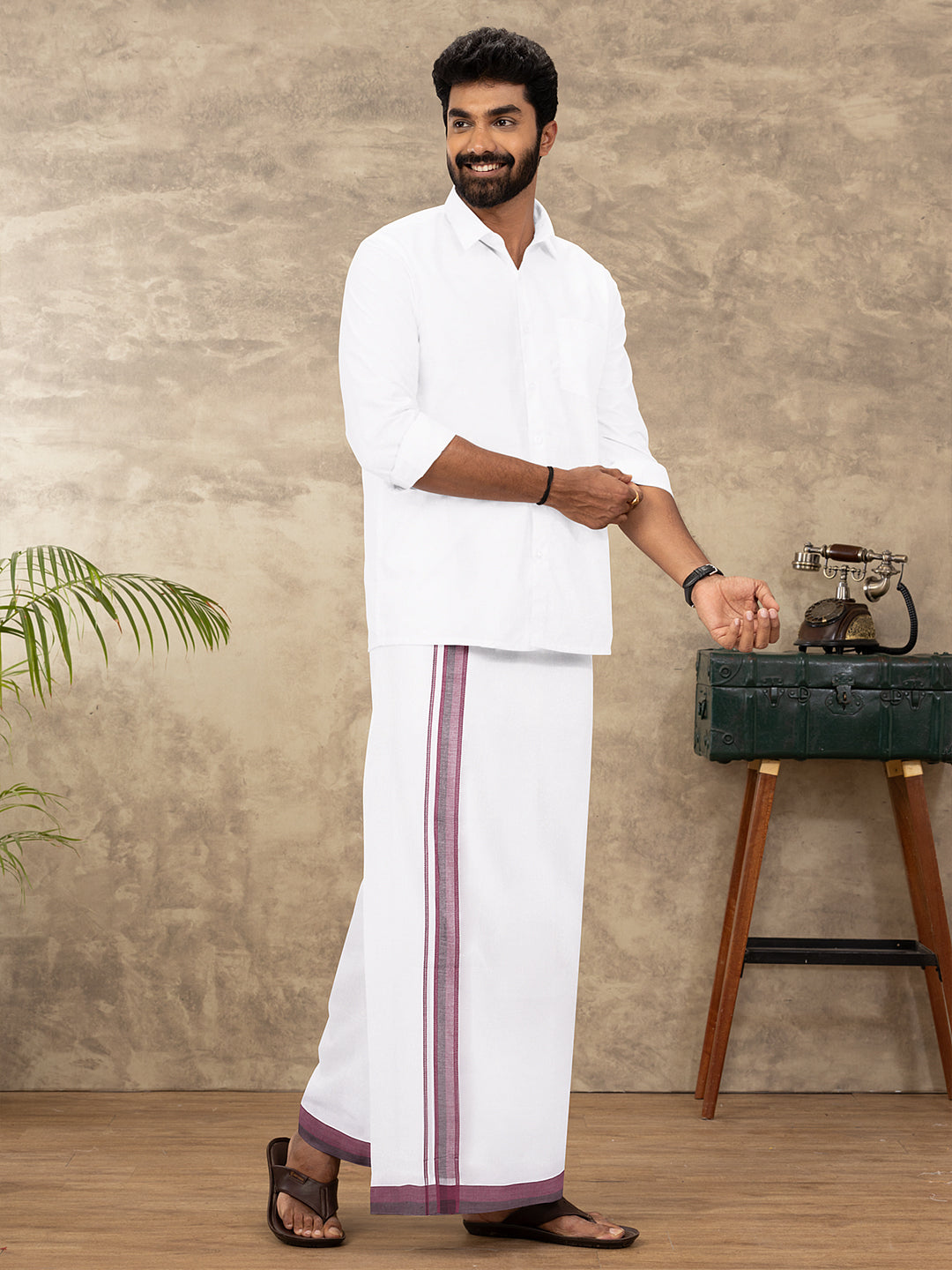 Men 100% Cotton Double Layer White Dhoti with Fancy Border EF12