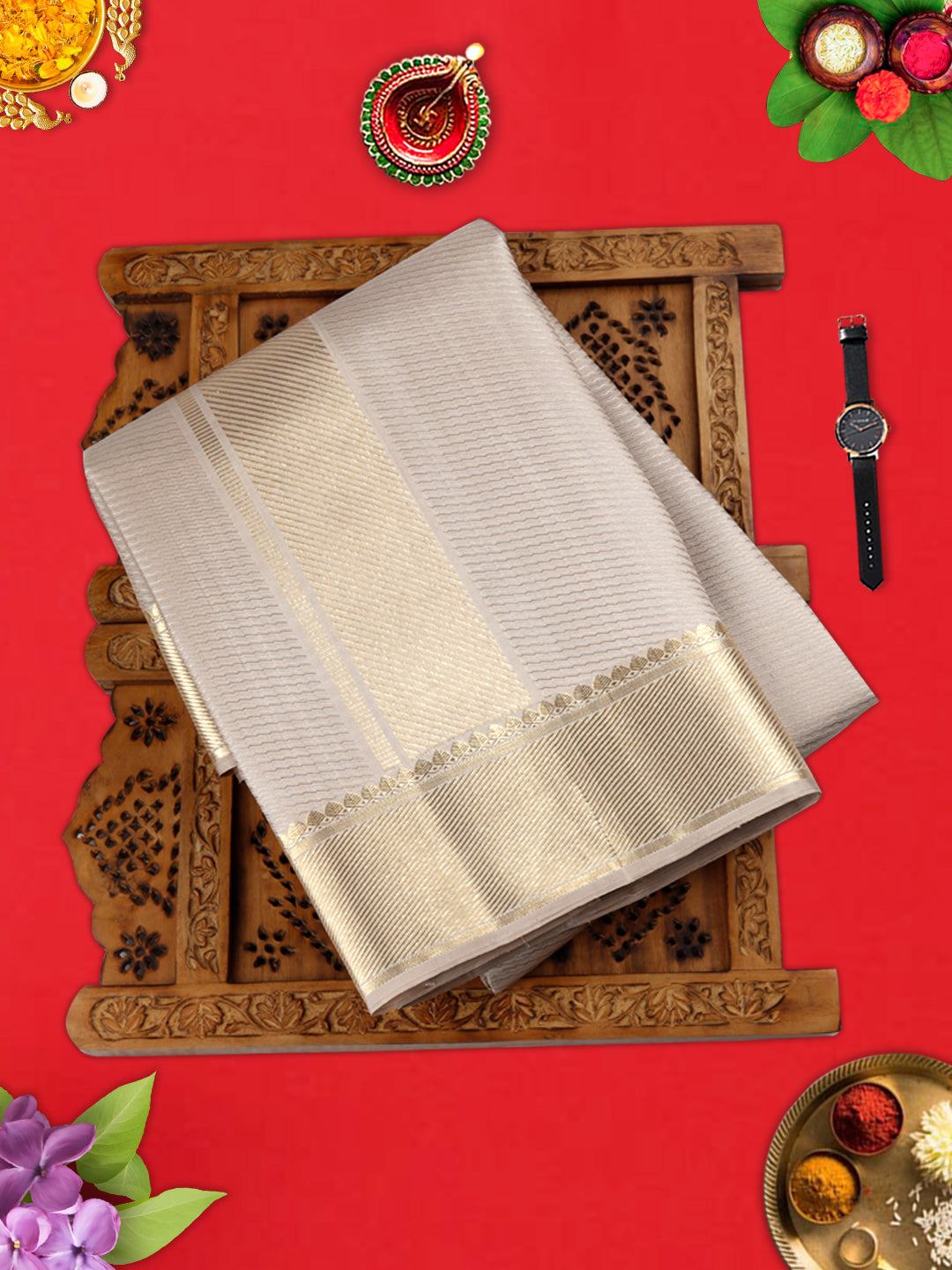 Mens Pure Silk Grey 3 1/2" Gold Jari Border Dhoti with Towel Amirtham-View one